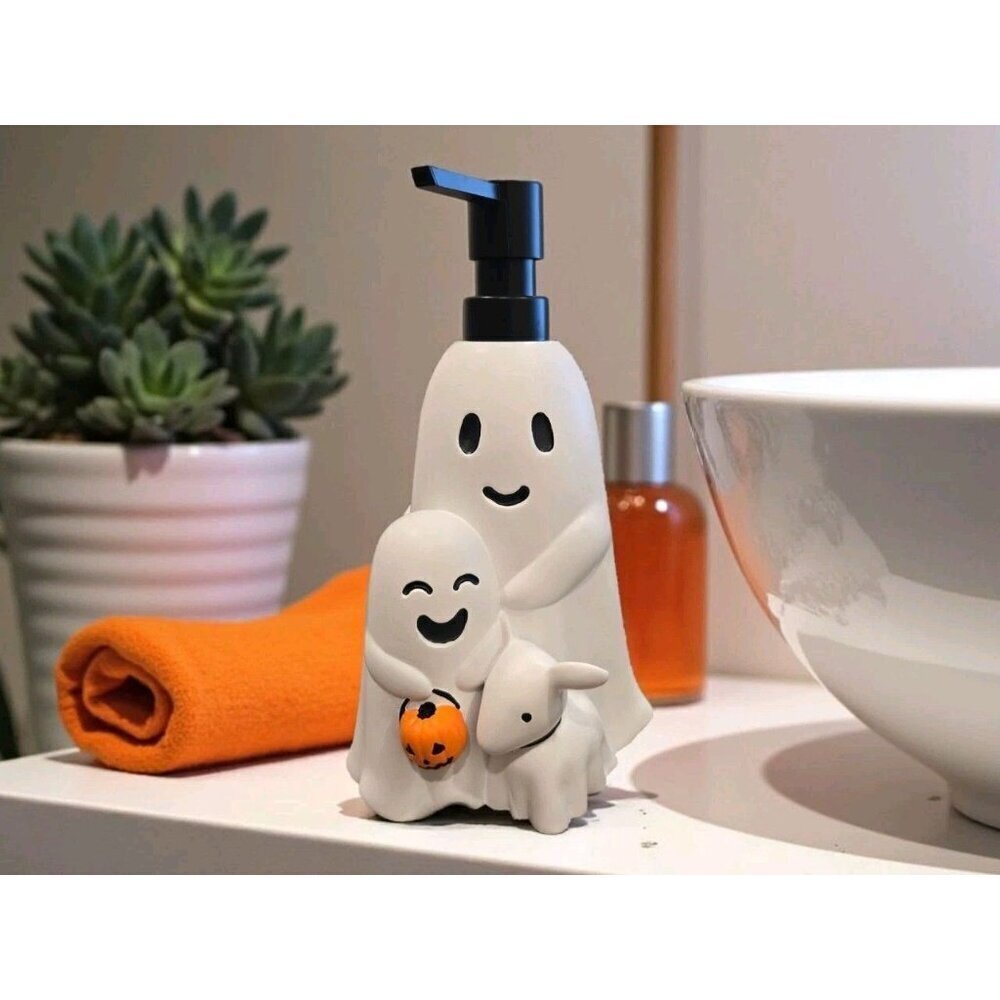 New White Mom & Kid Ghost Trick Or Treater Halloween Soap Dispenser Spooky